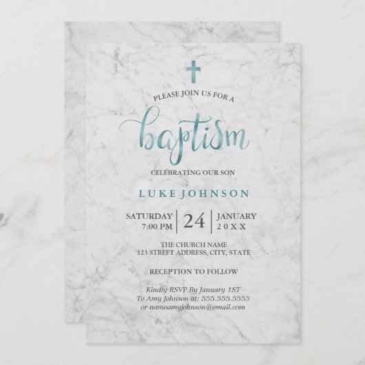 Invitation Baptême bleu marbre moderne (Devant / Derrière)