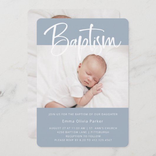 Invitation Baptême| Bleu minimal simple avec deux photos (Devant / Derrière)