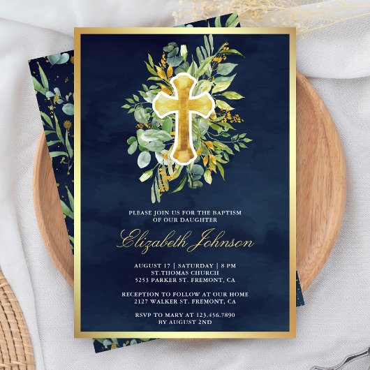 Invitation Baptême Bleu Nuit Vert Eucalyptus Rustique Or