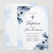 Invitation Baptême bleu pâle avec croix  (Devant / Derrière)
