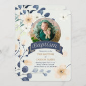 Invitation Baptême bleu pour bébé garçon Fleurs jaunes (Devant / Derrière)