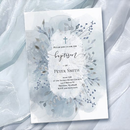 Invitation Baptême bleu poussiéreux aquarelle feuillage