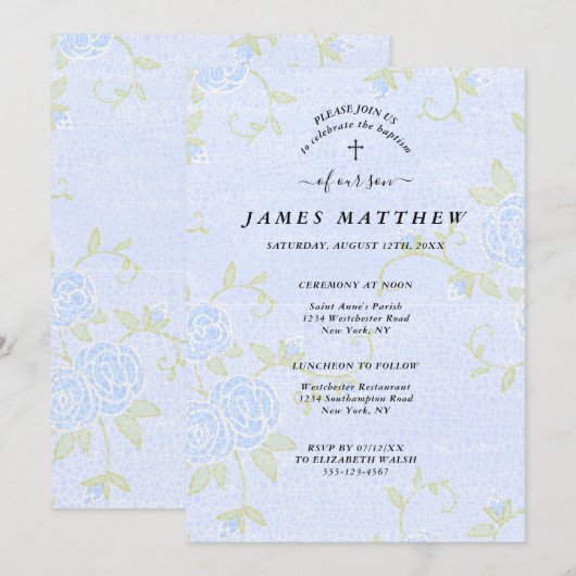 Invitation Baptême Bleu Rose Floral Christian (Devant / Derrière)
