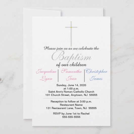 Invitation Baptême bleu rose Triplets (Devant)