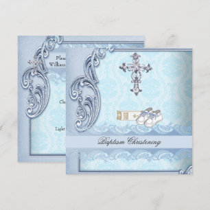 Invitation Baptême bleu sarcelle croix garçon damas baptême