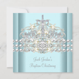 Invitation Baptême Bleu Tiara Argent Blanc Pearl Diamant