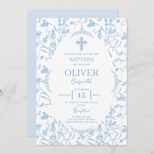 Invitation Baptême bleu toile (Devant / Derrière)