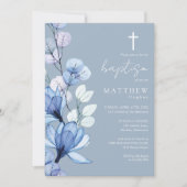 Invitation Baptême bleu transparent monogramme floral (Devant)