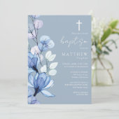 Invitation Baptême bleu transparent monogramme floral (Debout devant)