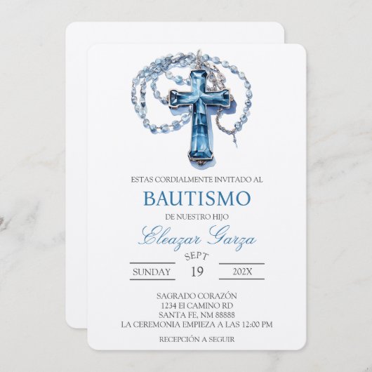 Invitation Baptême Blue Crucifix en espagnol (Devant / Derrière)
