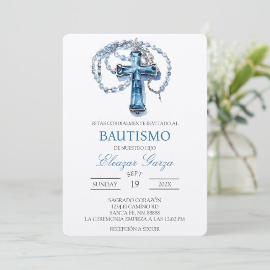 Invitation Baptême Blue Crucifix en espagnol (Debout devant)