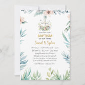 Invitation Baptême Blue rose Floral Cross jumeaux (Devant)