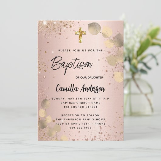 Invitation Baptême blush eucalyptus or parties scintillant lu (Debout devant)