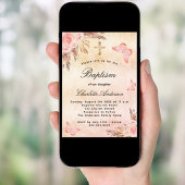 Invitation Baptême blush rose or papillon pampas herbe