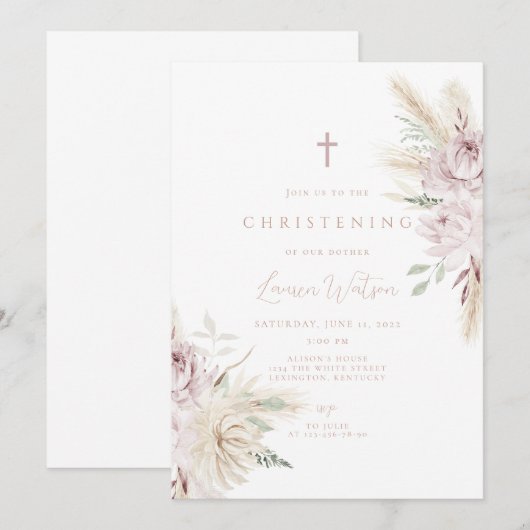 Invitation Baptême bohème fleur rose (Devant / Derrière)