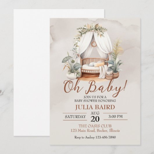 Invitation Baptême Bohème Rustique pour Berceau de Bébé (Devant / Derrière)