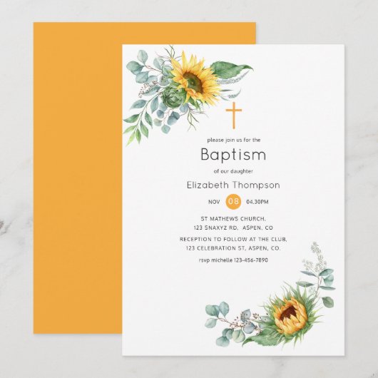 Invitation Baptême Bohème Tournesol Eucalyptus (Devant / Derrière)