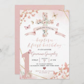Invitation Baptême Boho Blush Pink Butterfly & 1er anniversai (Devant / Derrière)