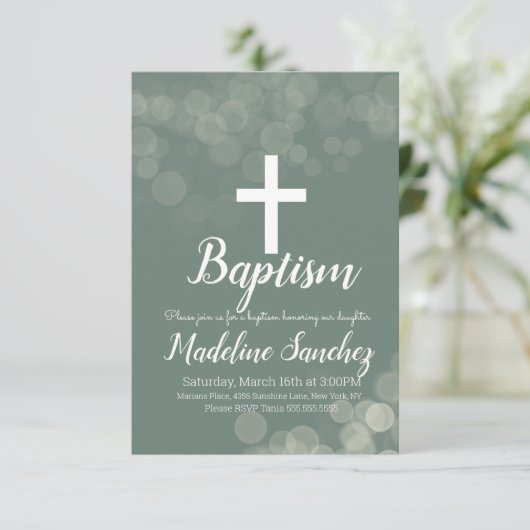 Invitation Baptême Bokeh Lights Dedication Christening (Debout devant)