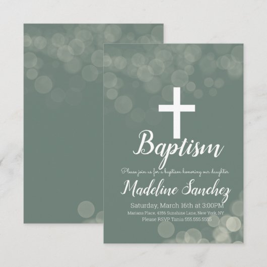 Invitation Baptême Bokeh Lumières Dédicace Christening (Devant / Derrière)
