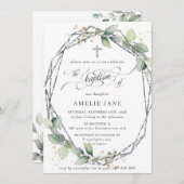 Invitation Baptême Botanique Chic Vert Argent Géométrique (Devant / Derrière)