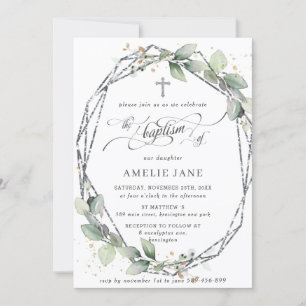 Invitation Baptême Botanique Chic Vert Argent Géométrique