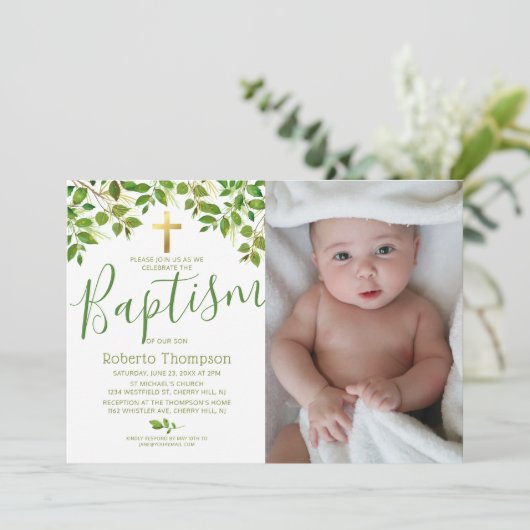 Invitation Baptême Botanique Christening Photo (Debout devant)