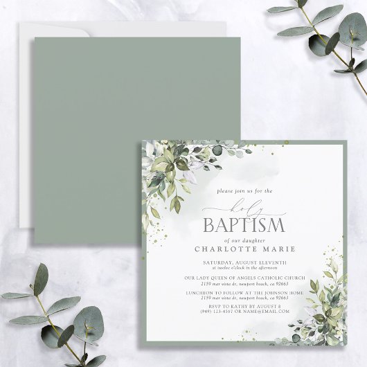 Invitation Baptême botanique floral bleu Dusty Eucalyptus