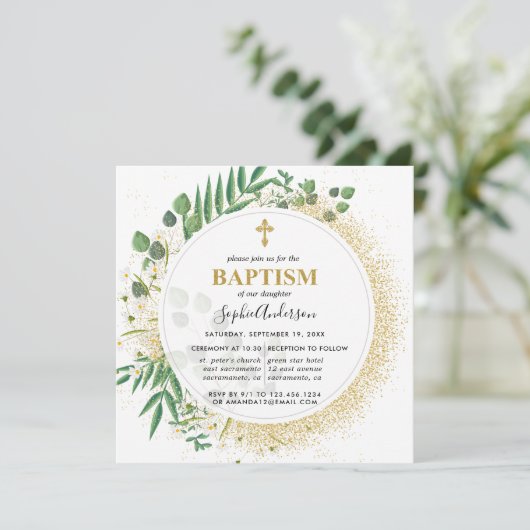 Invitation Baptême Botanique Vert Et Or (Debout devant)