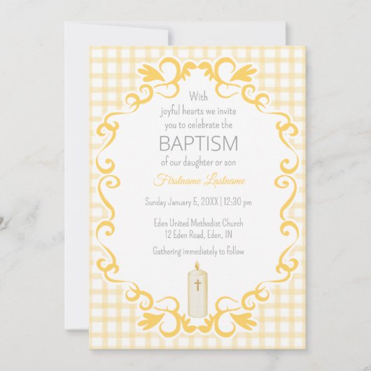 Invitation Baptême Bougie Croix Gingham Marigold 016 (Devant)