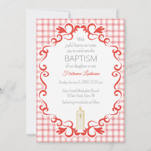 Invitation Baptême Bougie Croix Gingham Rouge 007