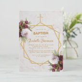 Invitation Baptême Bourgogne Peonies Marbre Or Géométrique (Debout devant)