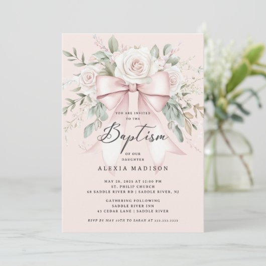 Invitation Baptême Bow & Blossom (Debout devant)