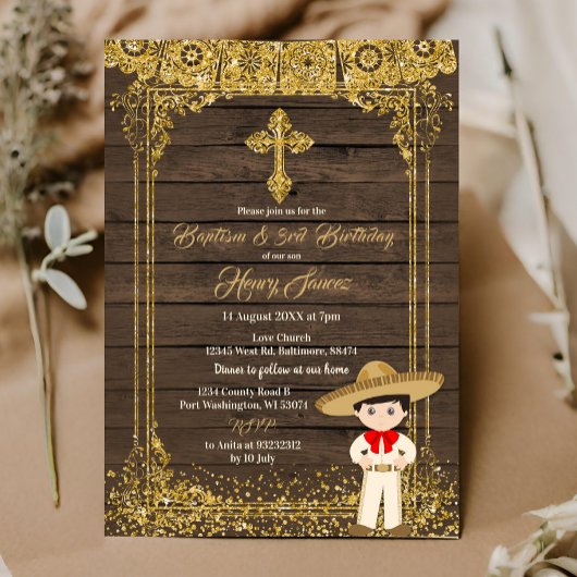 Invitation baptême Brown & Gold Mexicain Charro & 3ème annive