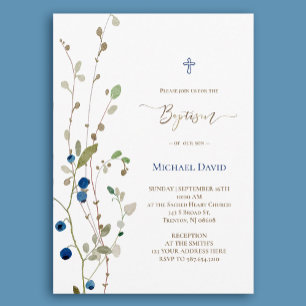 Invitation Baptême buisson bilberry aquarelle feuillage