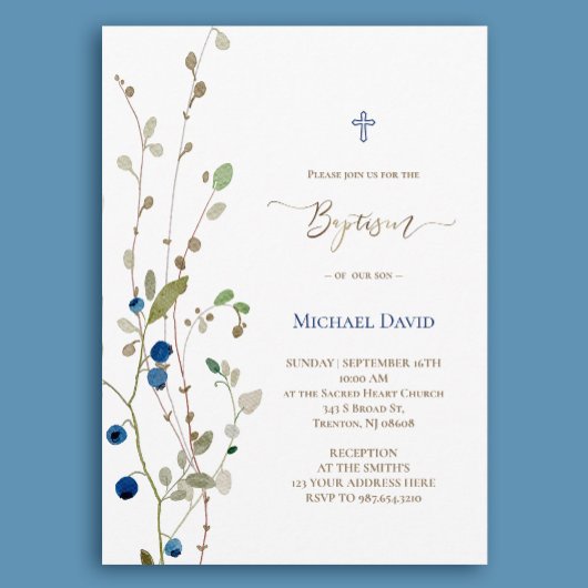 Invitation Baptême buisson bilberry aquarelle feuillage