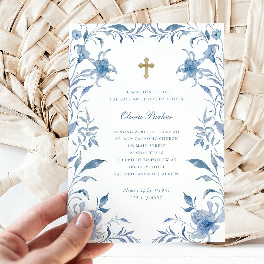 Invitation Baptême | Cadre floral bleu et blanc Chinoiserie