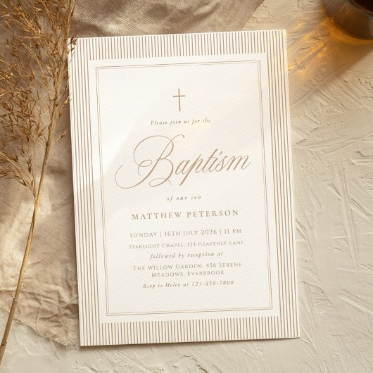 Invitation Baptême Calligraphié Élégant Beige