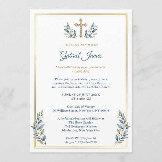 Invitation Baptême catholique bleu et or  (Devant)