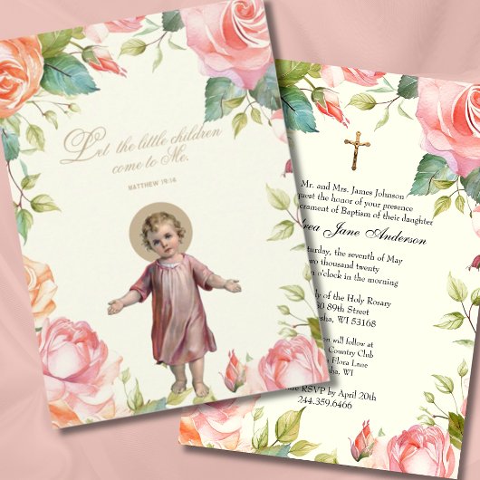 Invitation Baptême catholique Christening Enfant Jésus Floral