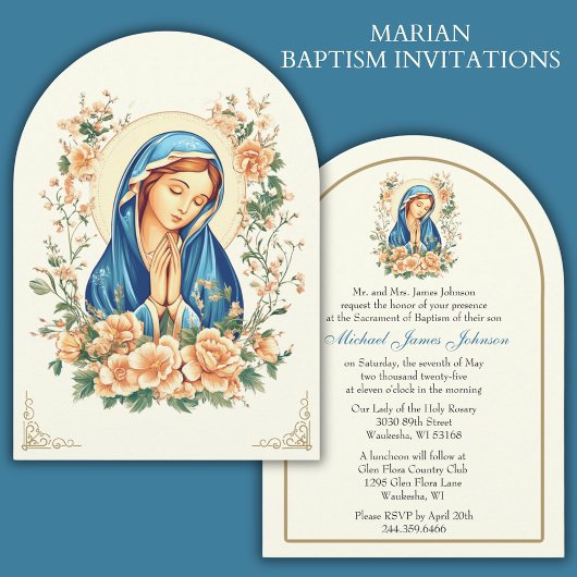 Invitation Baptême catholique Christening Floral Mary