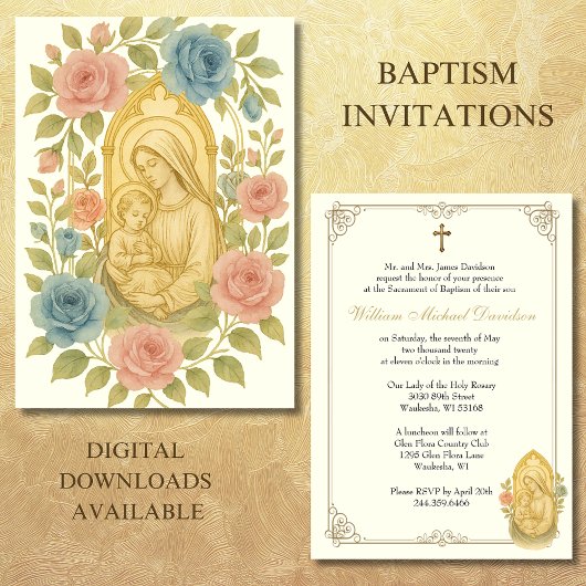 Invitation Baptême catholique Christening Marie et Jésus