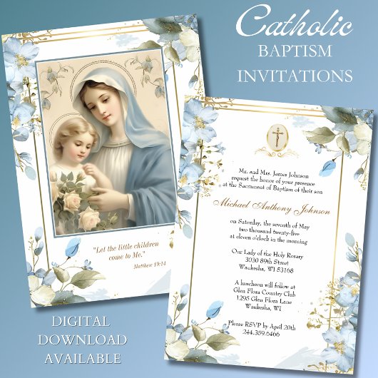 Invitation Baptême catholique Christening Mary Jesus Blue