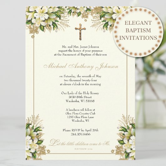 Invitation Baptême catholique Christening or Floral