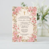 Invitation Baptême catholique Christening rose Floral Mary (Debout devant)