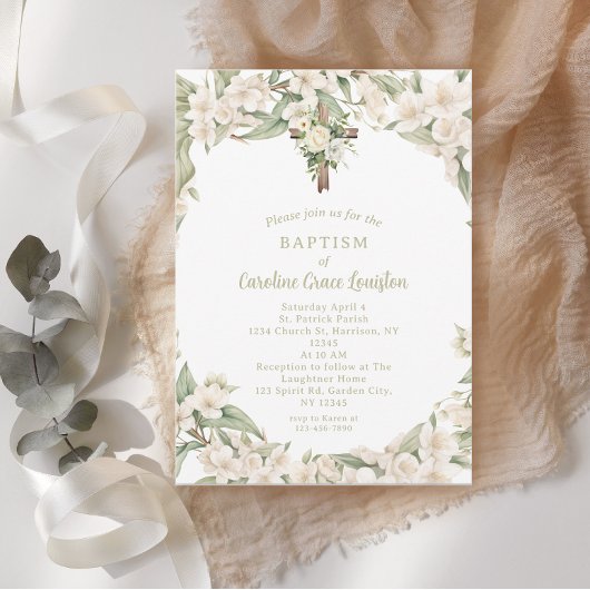Invitation Baptême catholique de Pâques Fleur blanche