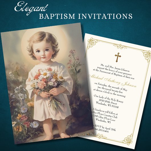 Invitation Baptême Catholique Enfant Floral Jésus