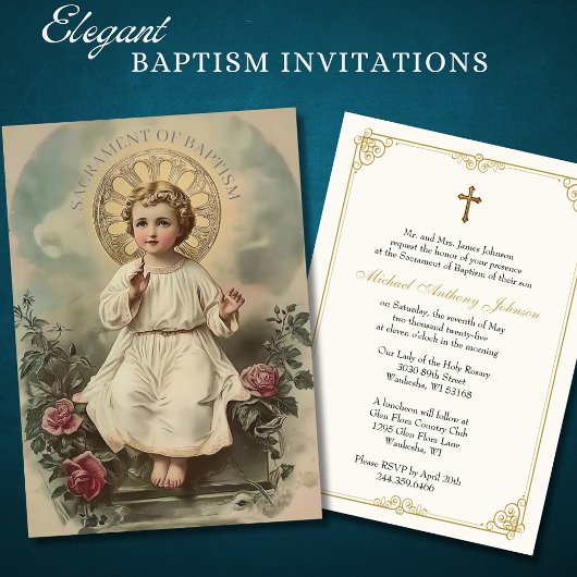 Invitation Baptême Catholique Enfant Floral Jésus