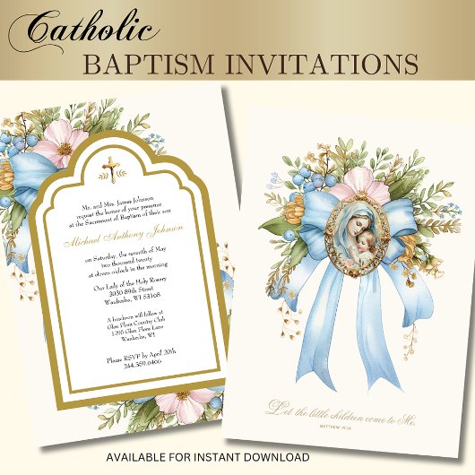 Invitation Baptême catholique Fleur Marie et Jésus