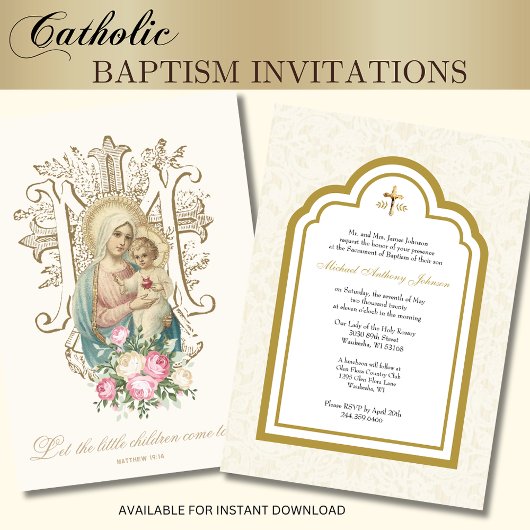 Invitation Baptême catholique Fleur Marie et Jésus